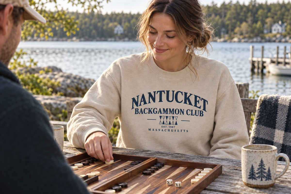 A lakeside backgammon afternoon in the sand Nantucket sweatshirt